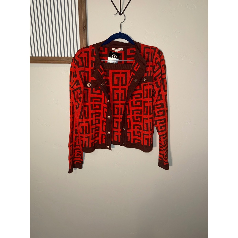 IMMODEL Red Brown Geometric Knit Cardigan and Skirt Set Gold Buttons Size M‎